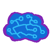 a blue brain, covered in lines and circles similar to how computer chips look. 